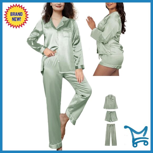 Silk Satin Pajama Set 4-Piece Long Sleeve Loungewear Women's Sleepwear